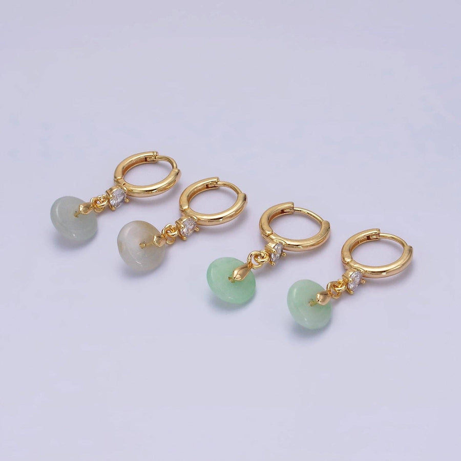 White Jade Donut Round Drop Clear CZ Huggie Earrings