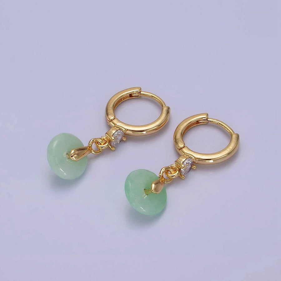 White Jade Donut Round Drop Clear CZ Huggie Earrings