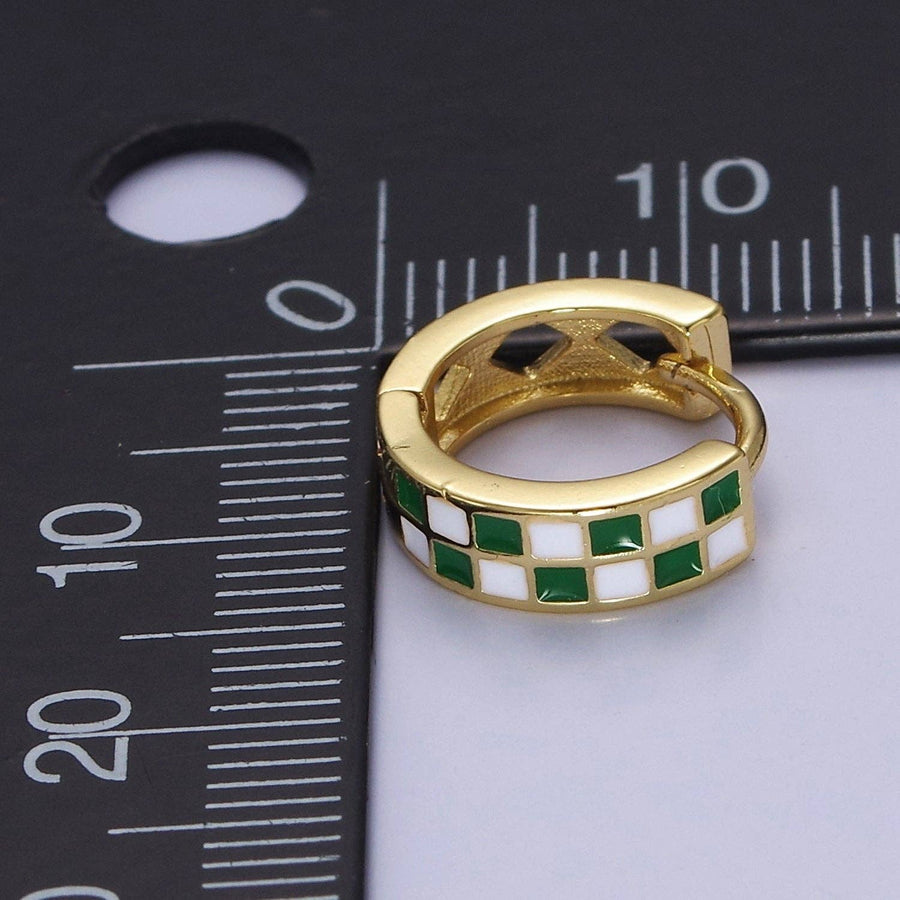 24K Gold Filled Enamel Retro Checker Huggie Hoop Earrings