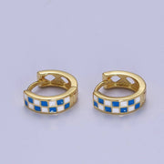 24K Gold Filled Enamel Retro Checker Huggie Hoop Earrings