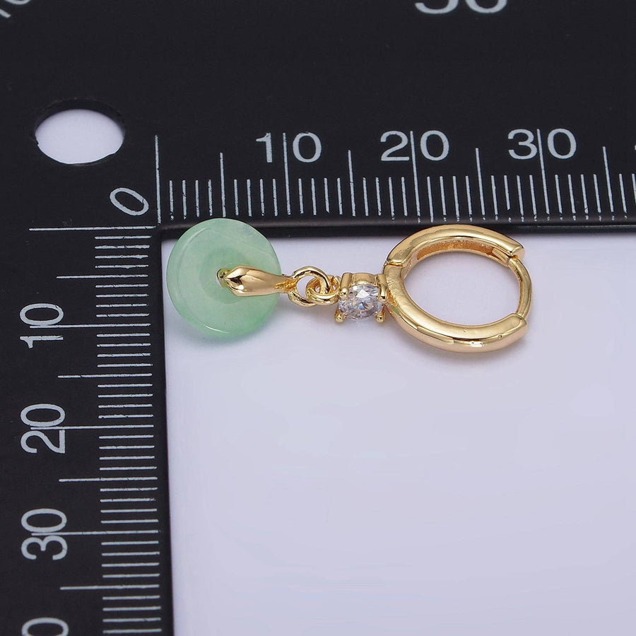 White Jade Donut Round Drop Clear CZ Huggie Earrings