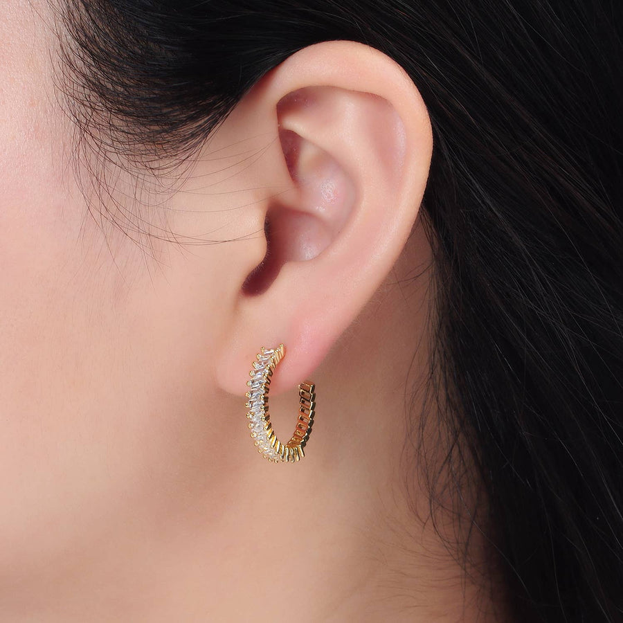 24K Gold Filled Baguette Lined J-Shaped Hoops