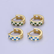 24K Gold Filled Enamel Retro Checker Huggie Hoop Earrings