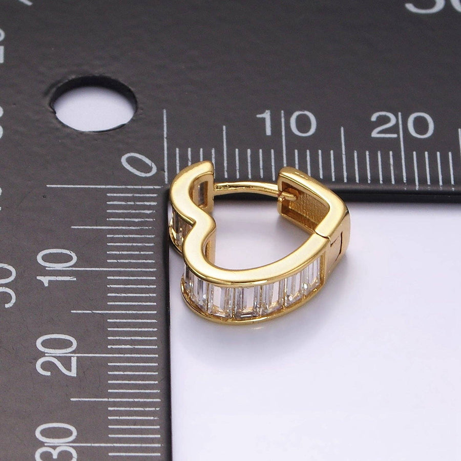 14K Gold Filled Clear Baguette Lined Heart Shape Huggie Earrings