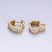 14K Gold Filled Clear Baguette Lined Heart Shape Huggie Earrings