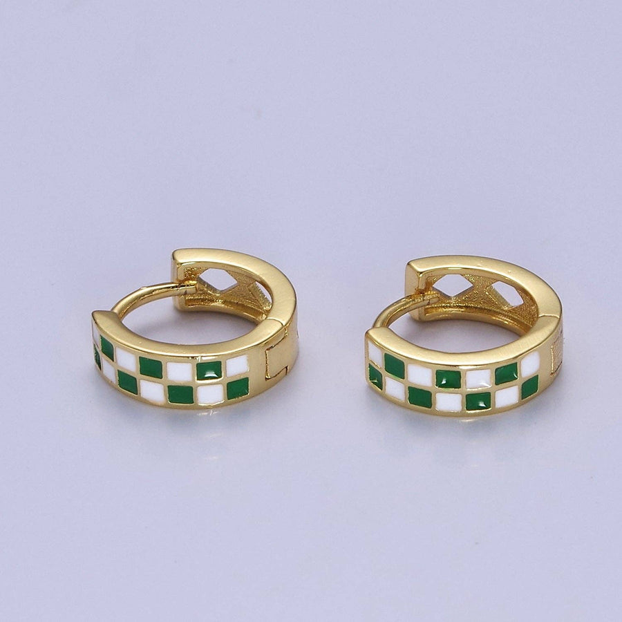 24K Gold Filled Enamel Retro Checker Huggie Hoop Earrings