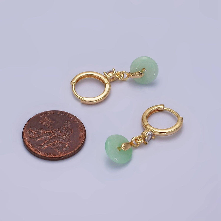 White Jade Donut Round Drop Clear CZ Huggie Earrings