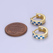 24K Gold Filled Enamel Retro Checker Huggie Hoop Earrings